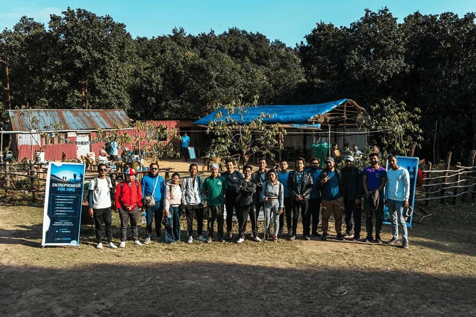 Business entrepreneurs hiking together in nature